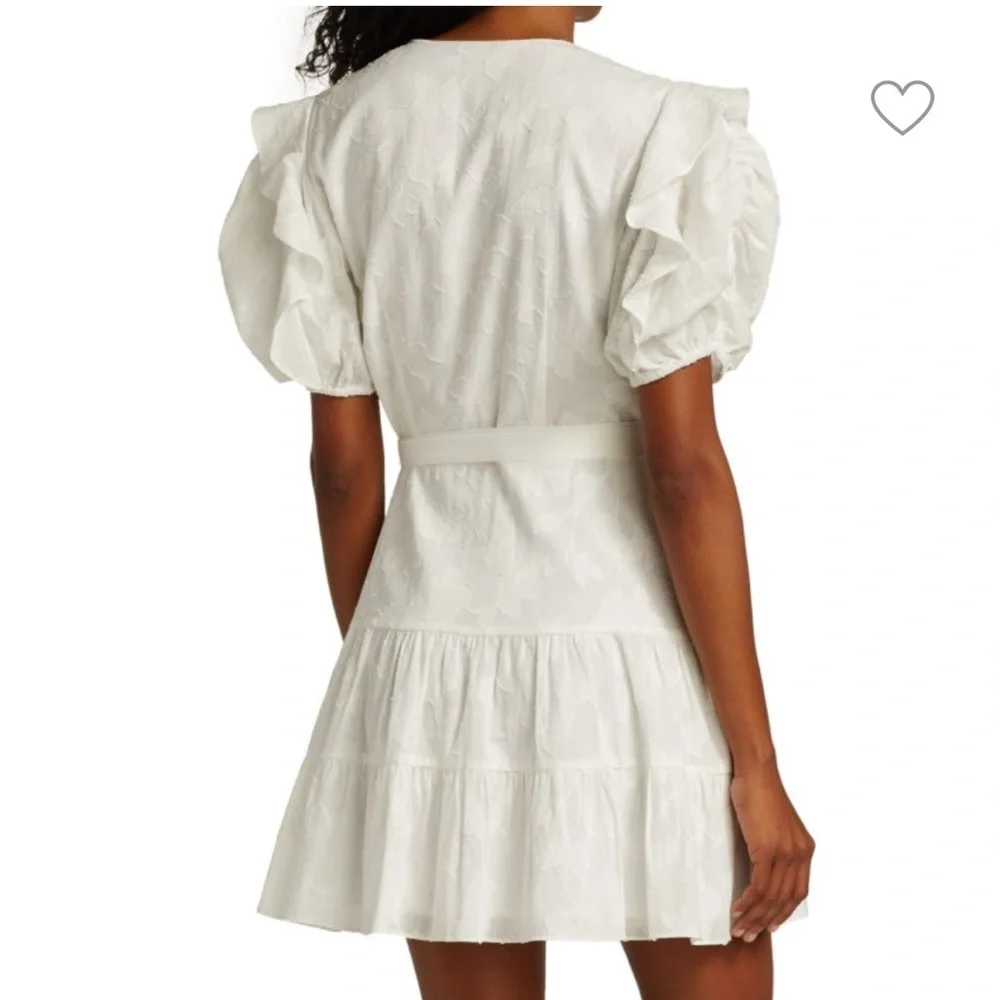 TANYA TAYLOR white floral Kimora Wrap Mini Dress. Ruffles Size 8. Retail $465.